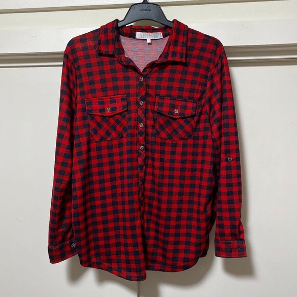 Eden & Olivia Maternity, red & black flannel stretch, button-down shirt, size 1X - Picture 1 of 12